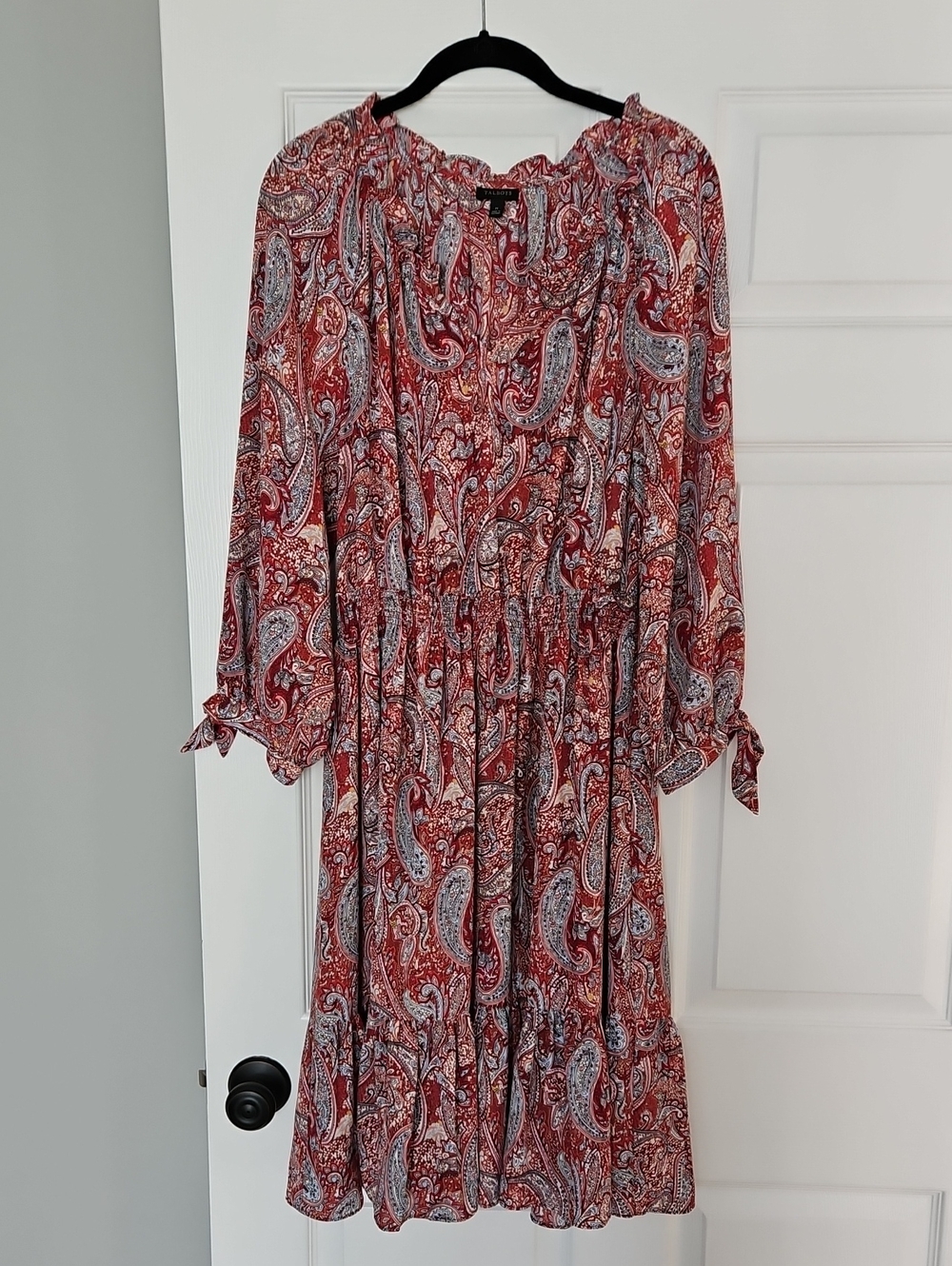 Talbots Red Paisley Long-Sleeve Tiered Midi Dress
